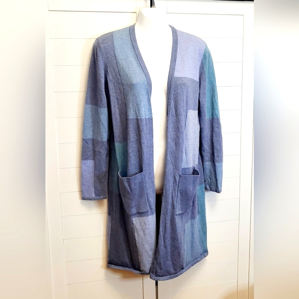 J. Jill Cardigan Size XS Blue Colorblock Patchwork Open Front Duster